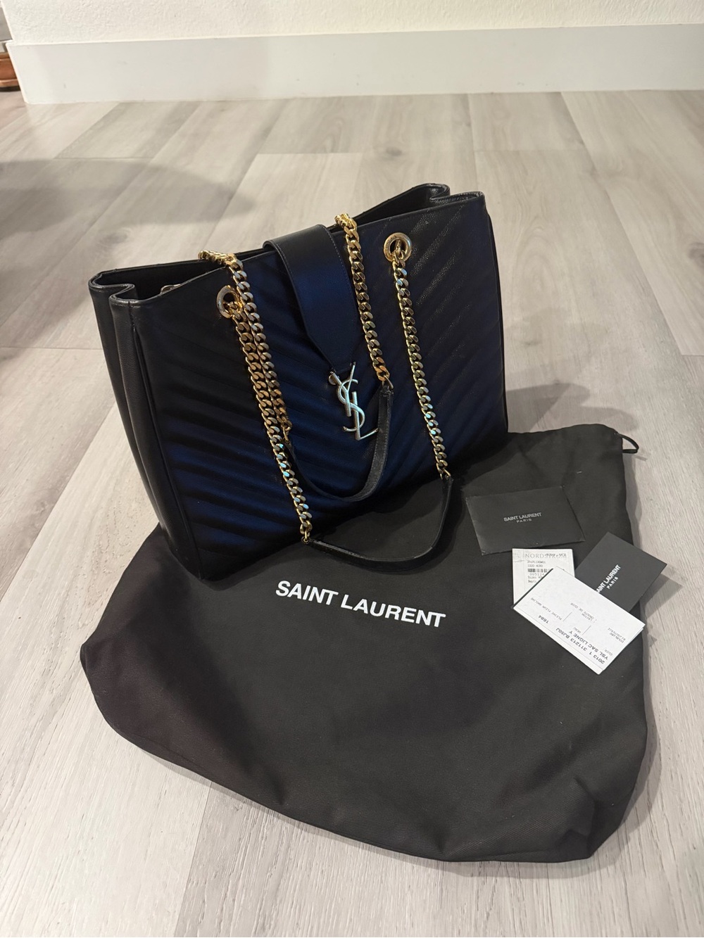 Saint Laurent Black Quilted Caviar Leather Shoulder Tote with Gold Chain